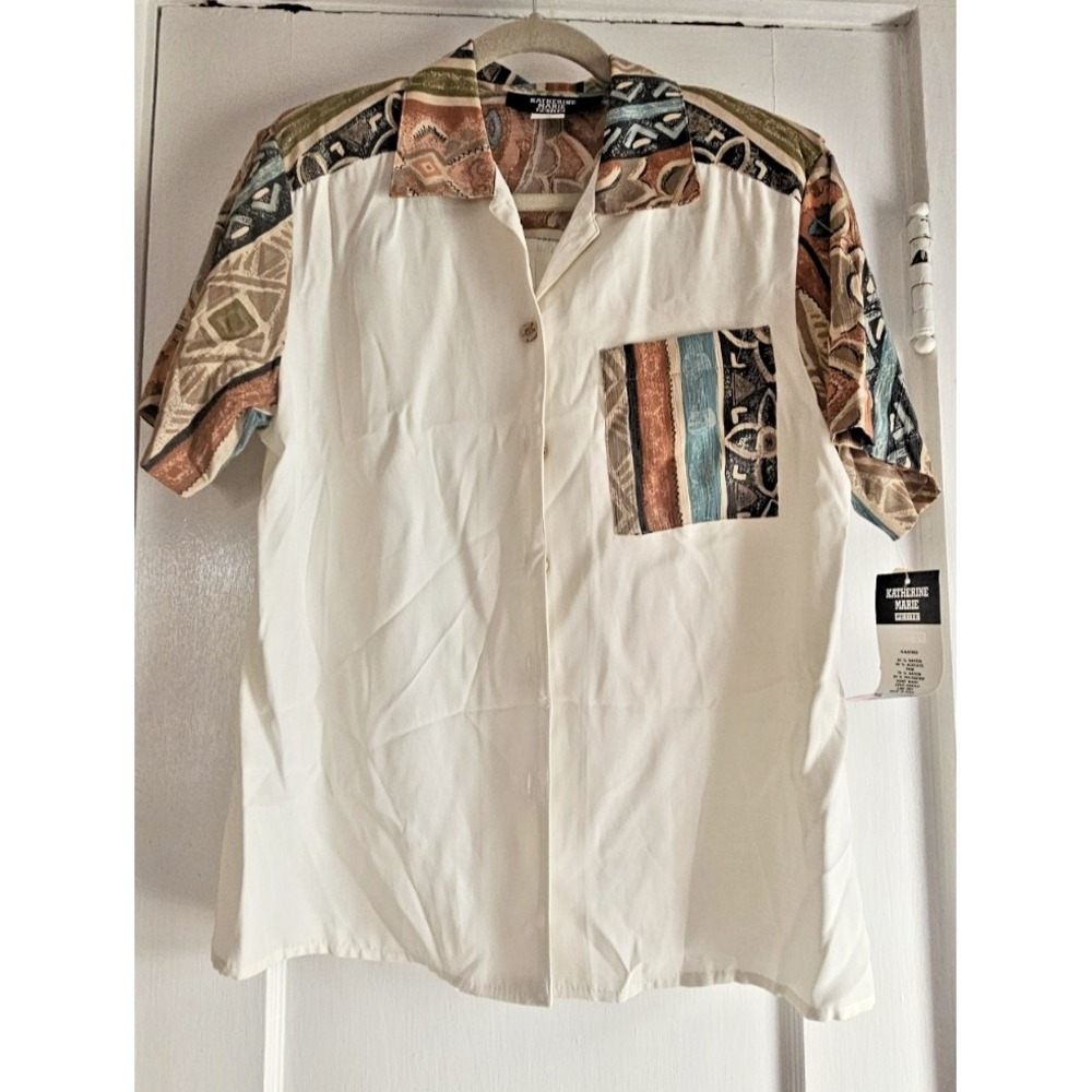 NWT Vtg Katherine Marie button down shirt tribal style print panel woman 8Petite